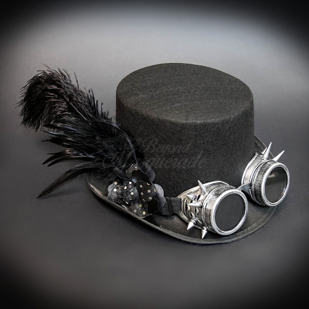 Steampunk Top Hat Costume Hat with Goggles Feather